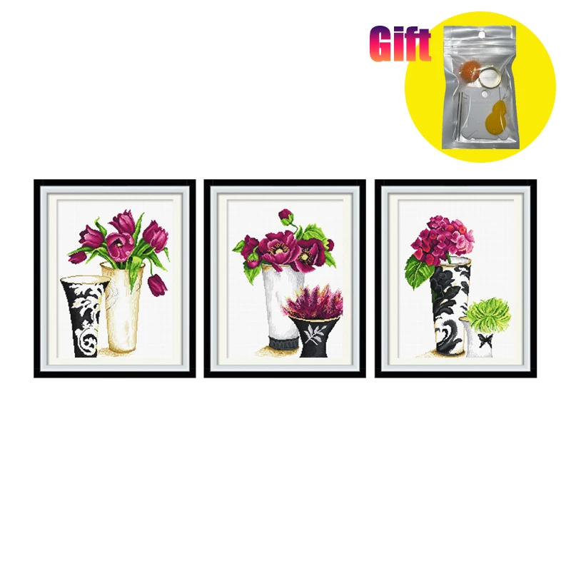 Набор для вышивки крестом холщовая ваза с новогодним принтом фиолетовая Триптих