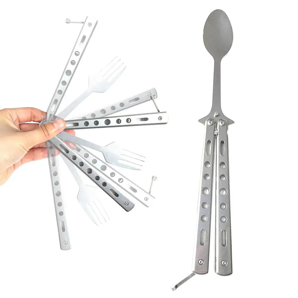 

2pcs Outdoor Portable Foldable Butterfly Spoon Fork Stainless Steel For Camping Cooking Hiking Backpacking Drop Shipping