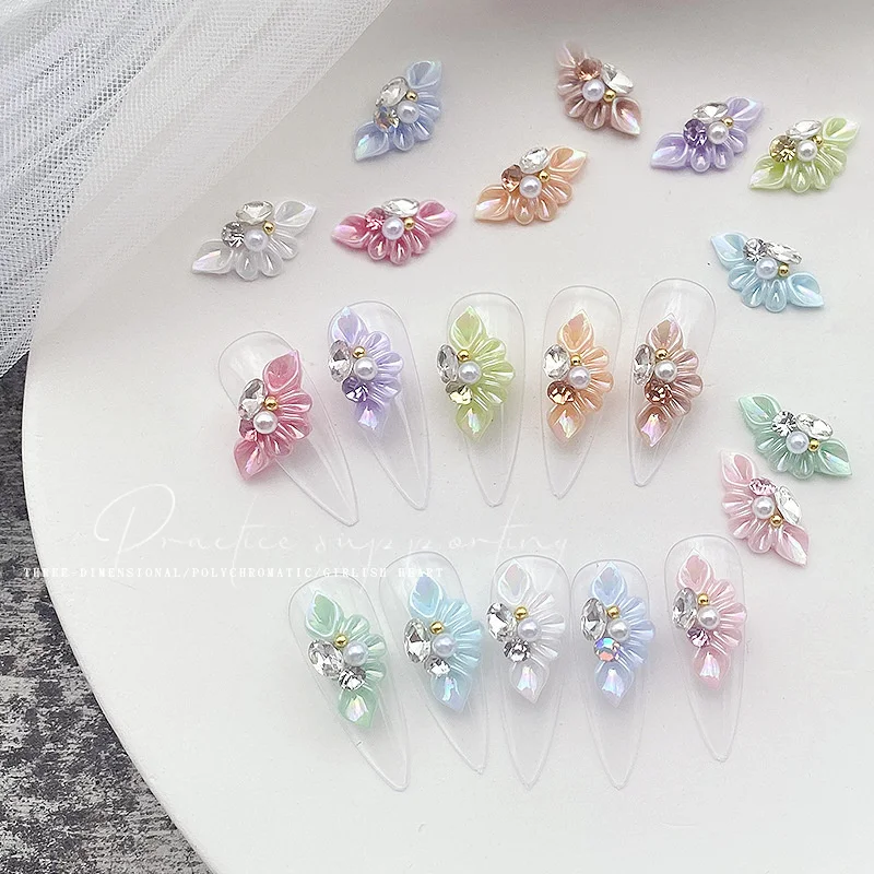 

5pcs 3D Carved Acrylic Petal Nail Jewelry Trendy Rhinestone Charms With Pearl Diamond Press On Nail Supplies Manicure Accessorie