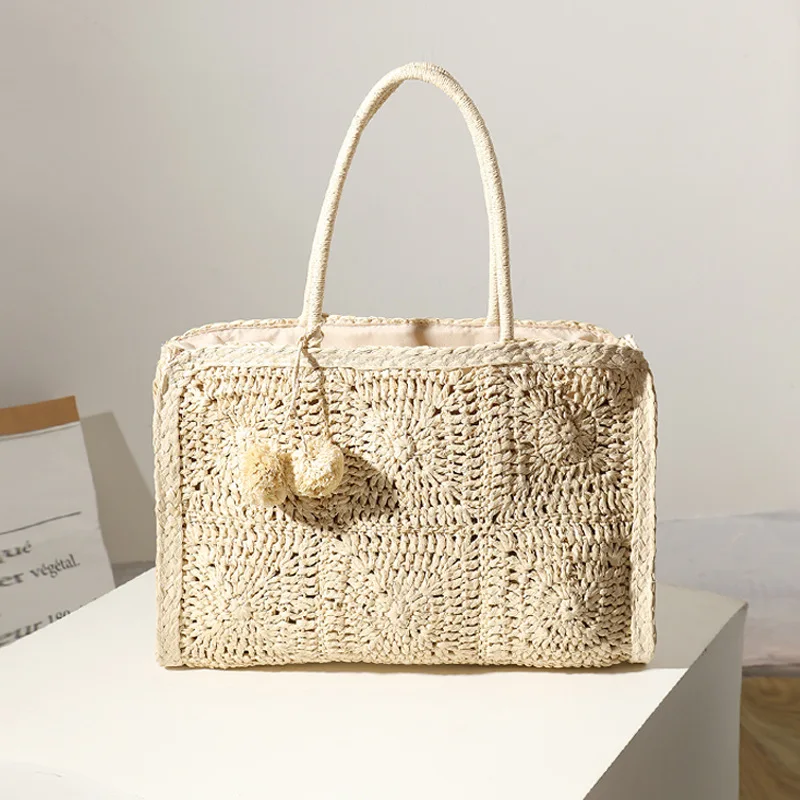 

Handwoven Rattan Handbags for Women Geometric Pattern Bohemian Wicker Straw Bags Tote Summer Beach Female Shoudler Tote Bag