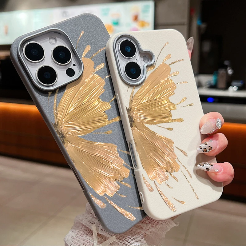Чехол с позолоченной бабочкой для iPhone 16 Pro Max роскошный кожаный чехол текстурой