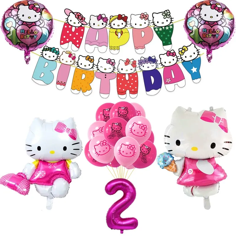 

24pcs Hello Kittyy Girl Birthday Party Decoration Supplies Baby Shower Flags Pink Cat Helium Globos Banner Cake Topper Kids Toys