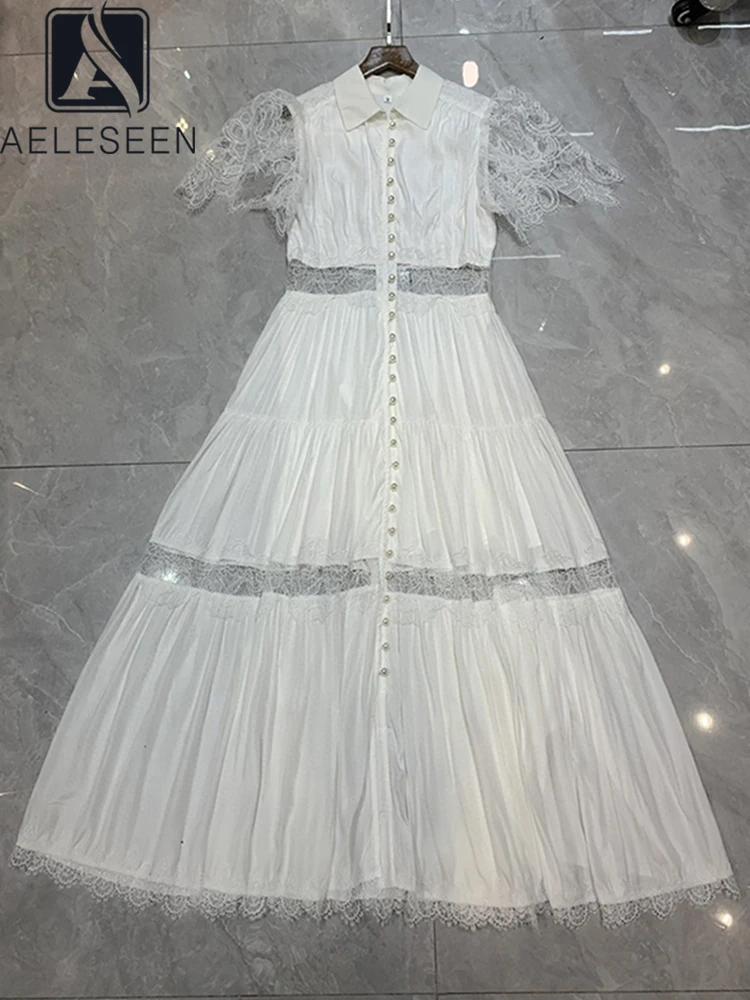 

AELESEEN Runway Fashion 2022 Summer Elegant Dress Women Short Sleeve Single Breasted Embroidery Lace High Quality Ladies Party