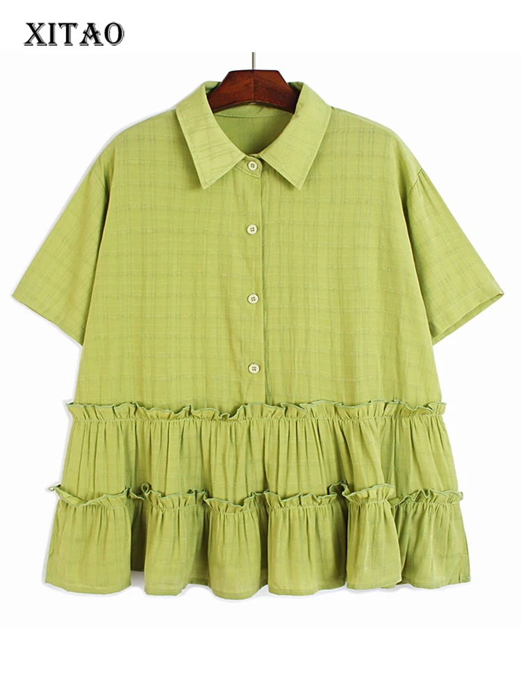 

XITAO Solid Pleated Shirt Women Korea 2022 Summer New Personality Fashion Loose Turn-down Collar Short Sleeve Shirt ZY6793