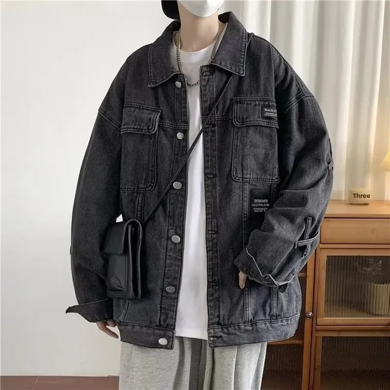 Модная джинсовая куртка для мужчин свободная посадка повседневная толстая
