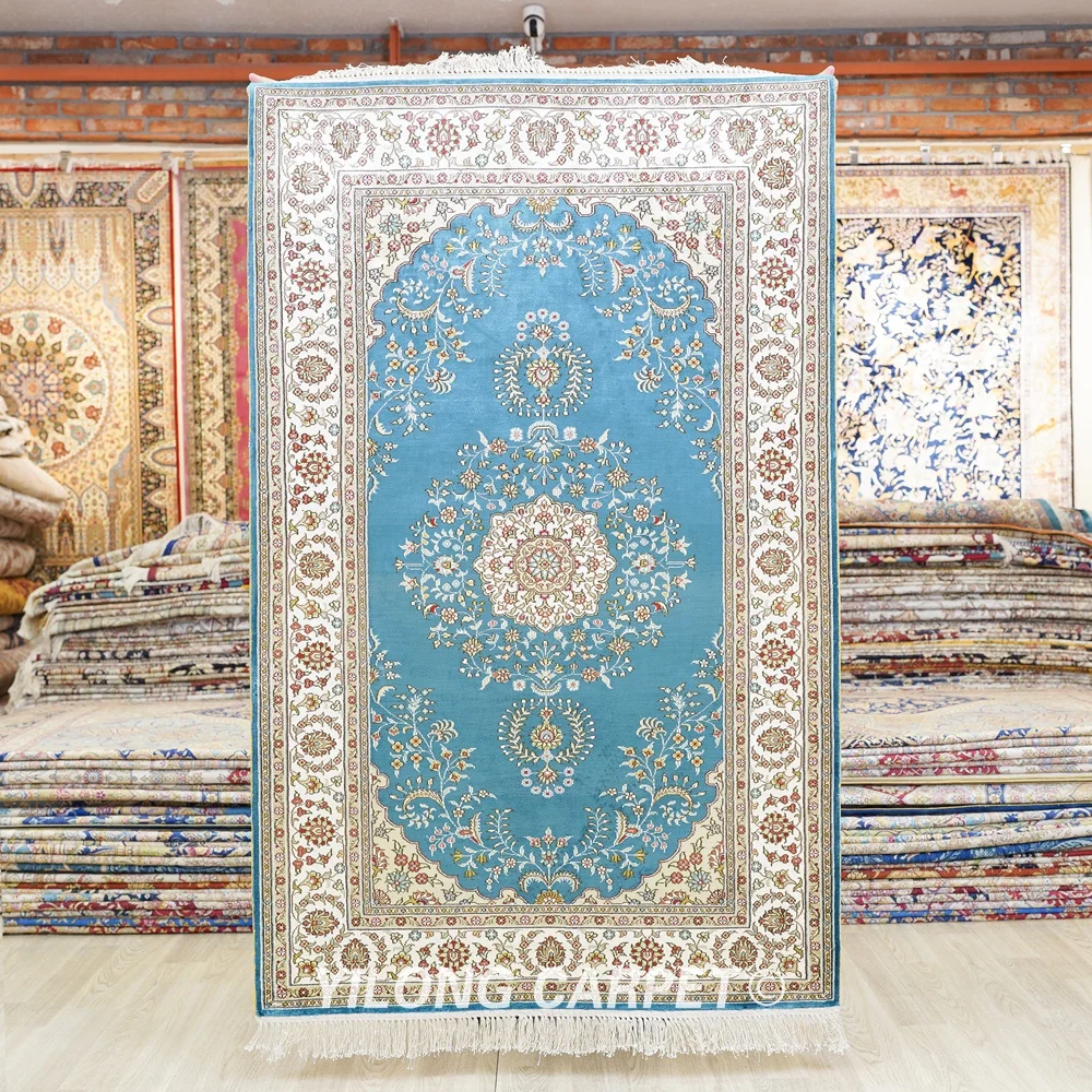 

91x152cm Tabriz Persian Silk Carpet Antique Blue Vintage Oriental Rugs (HF240B)