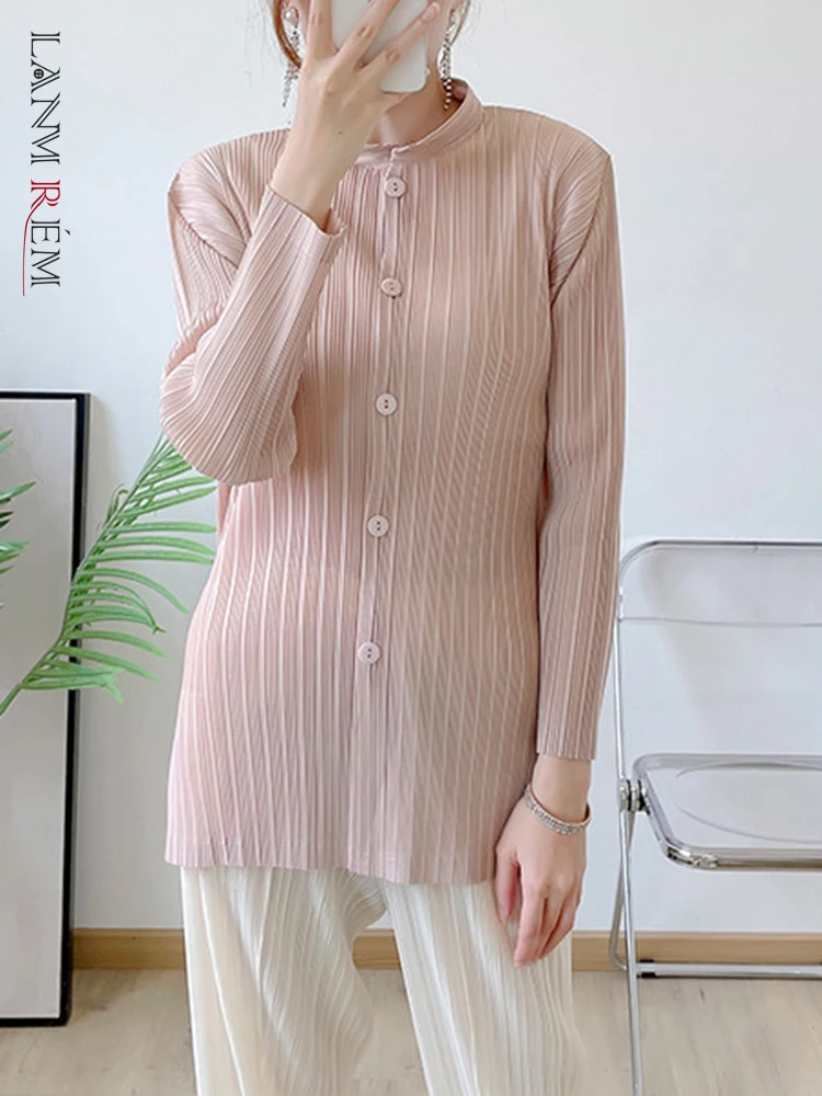 

LANMREM Long Sleeves Single Breasted Pleated Shirts For Women Solid Color Loose Fit Female 2023 Spring New Casual Top 2R6523