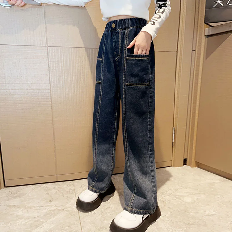 

Wide Leg Jeans for Girls Autumn New Blue Loose Casual Straight Pants Fashion All-match Teenagers School Children Denim Trousers