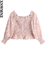 xnwmnz women fashion elegant floral elastic top female summer off shoulder three quarter sleeves ruffled short blouse