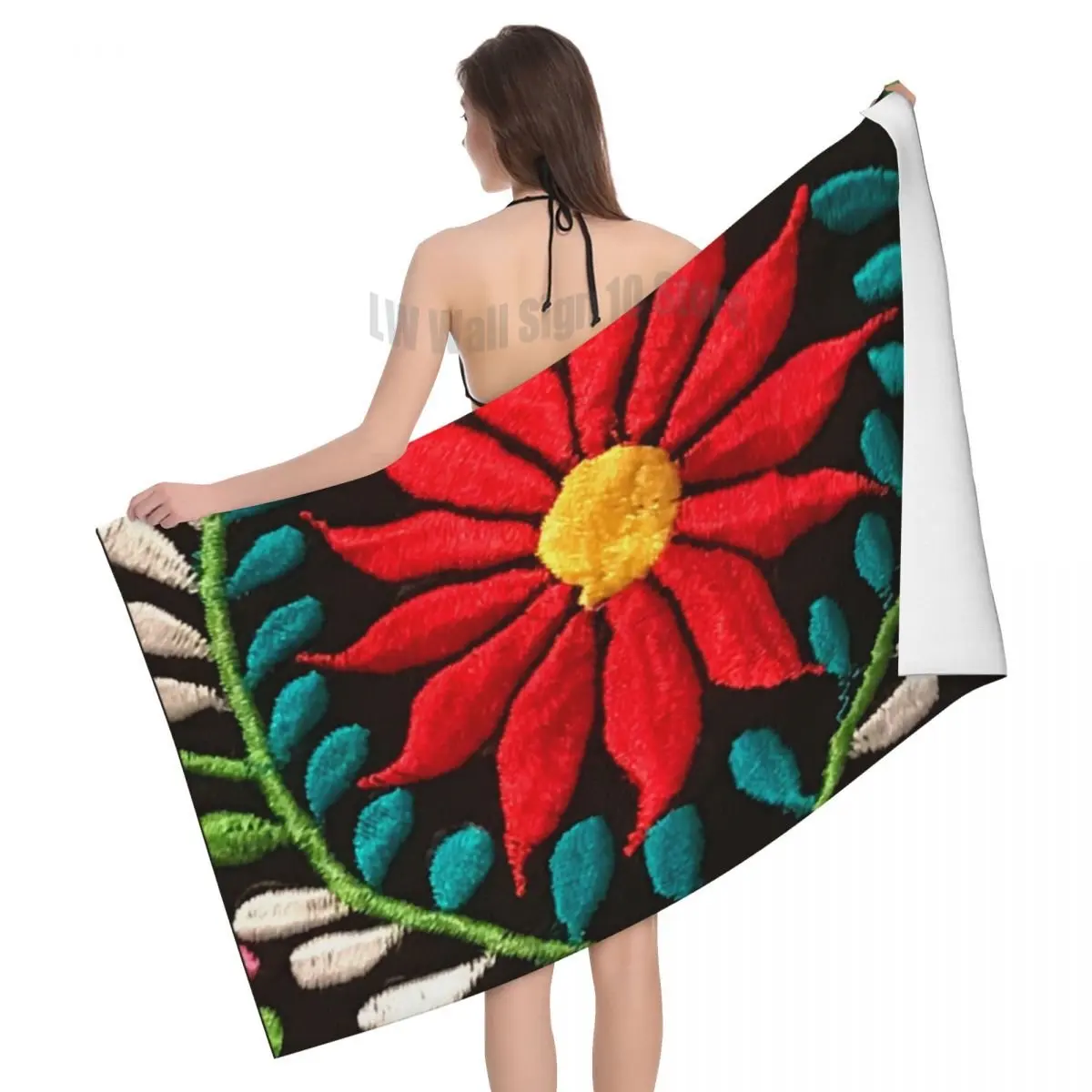 

Mexican Spanish Embroidery Flowers Beach Towel Quick Drying Traditional Flowers Super Soft Microfiber Shower Sauna Towels