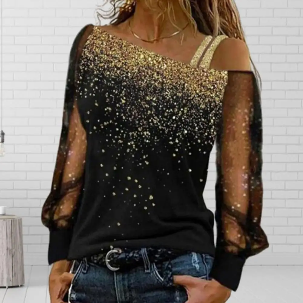 

Women Spring Fall Top Shiny Sequin One Shoulder Oblique Neck Pullover Top See-through Mesh Long Sleeve Casual Blouse