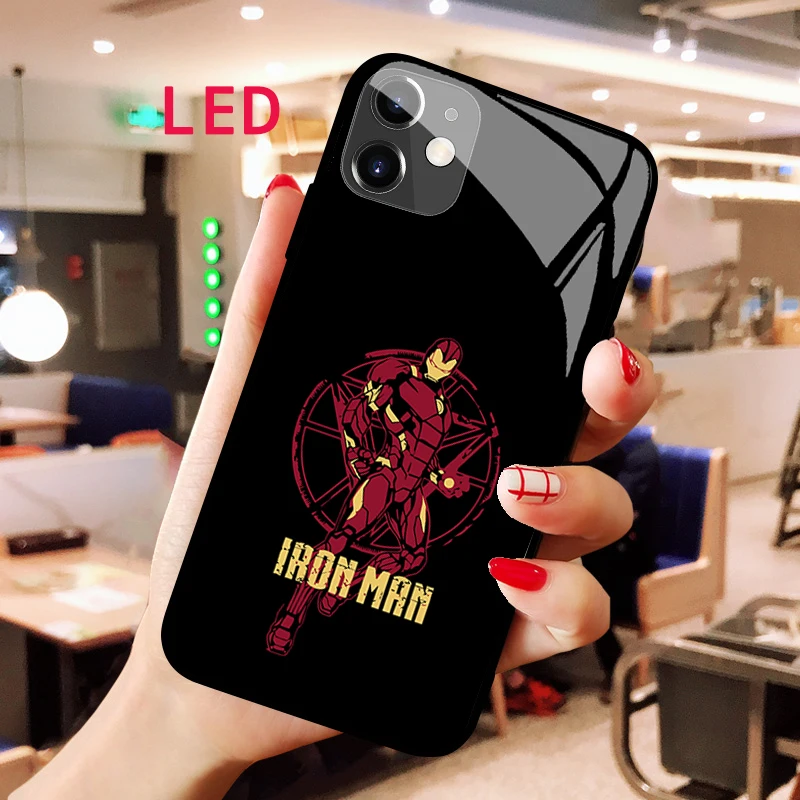 

Iron Man Luminous Tempered Glass phone case For Apple iphone 13 14 Pro Max Puls mini Luxury Fashion LED RGB Backlight new cover