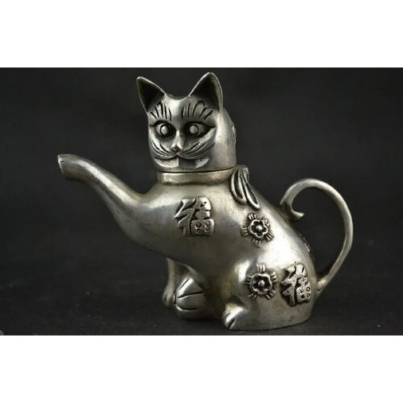 

Китайские коллекционные предметы ручной работы старое тибетское серебро Орел Кот счастливый чайник