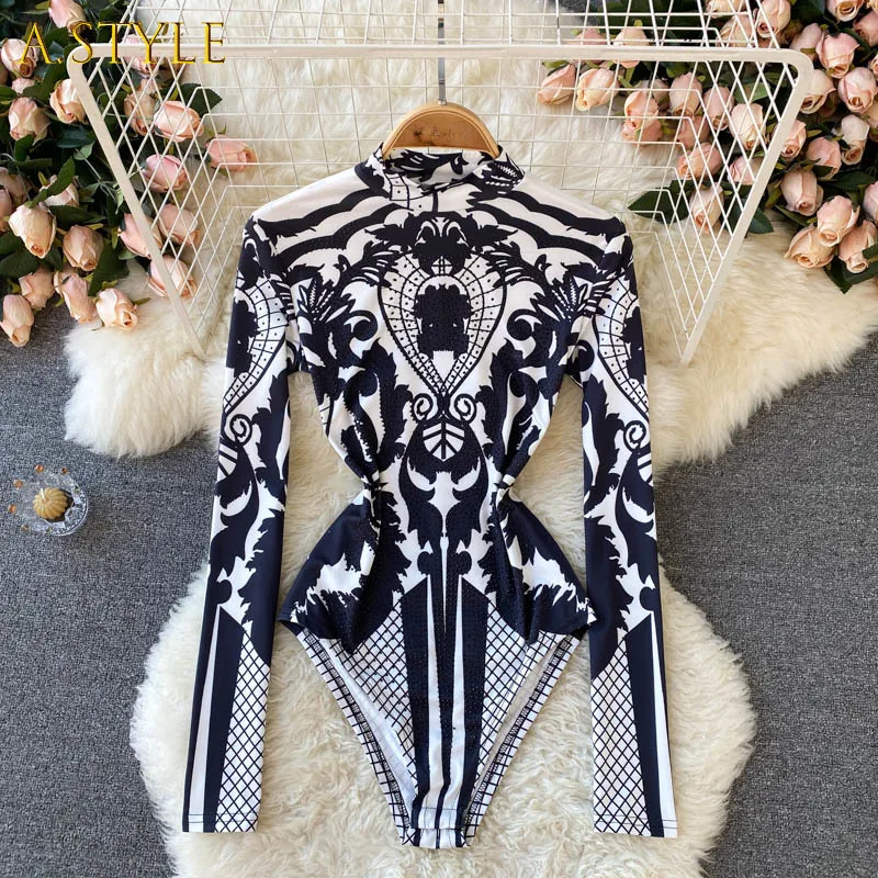 A GIRLS Design Autumn New Print Rompers Women Stand Collar Long Sleeve Slim Jumpsuits Chic Fashion Sexy Bodycon Short Bodysuit