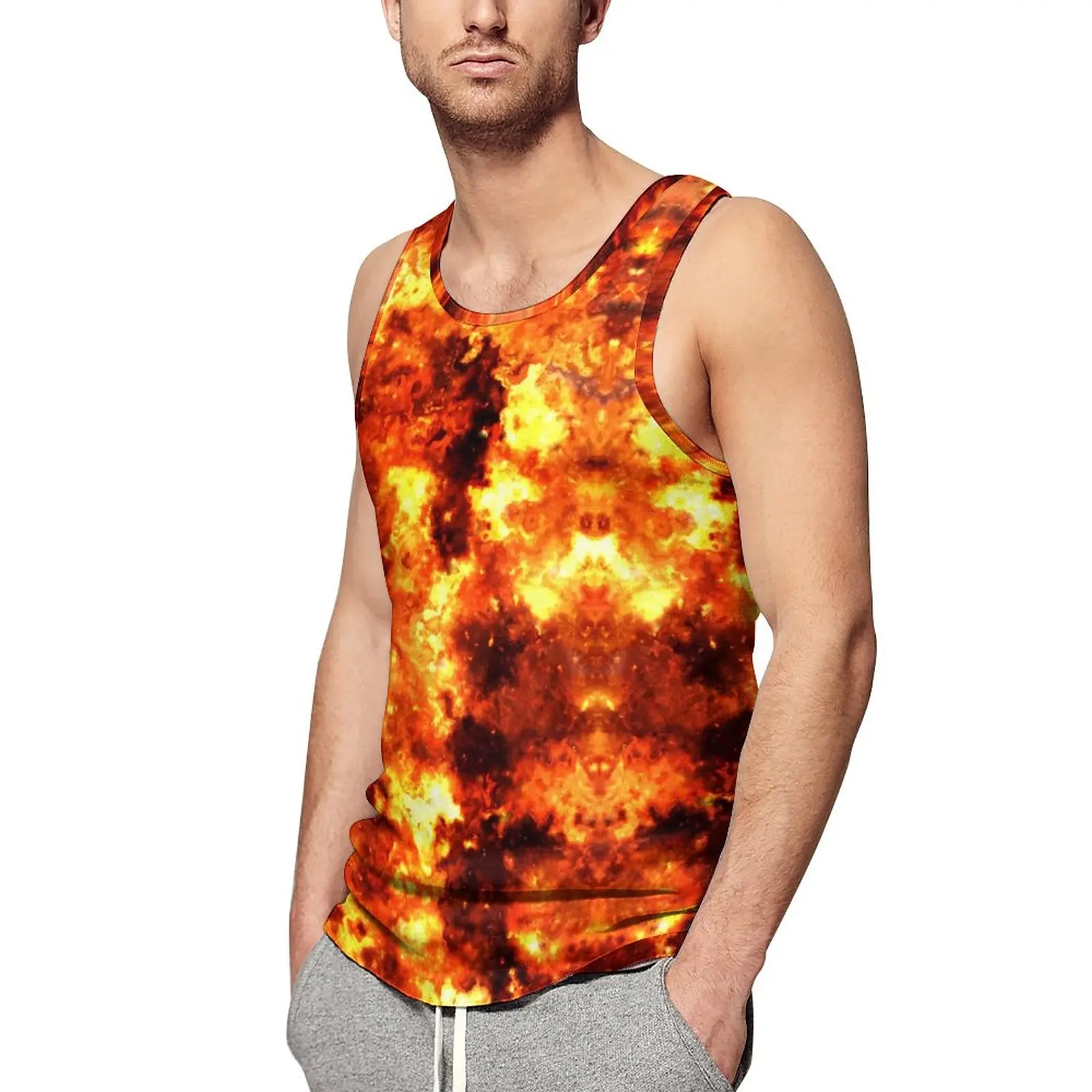 

Red Hot Fire Tank Top Males Abstract Print Tops Summer Pattern Gym Muscle Oversized Sleeveless Vests