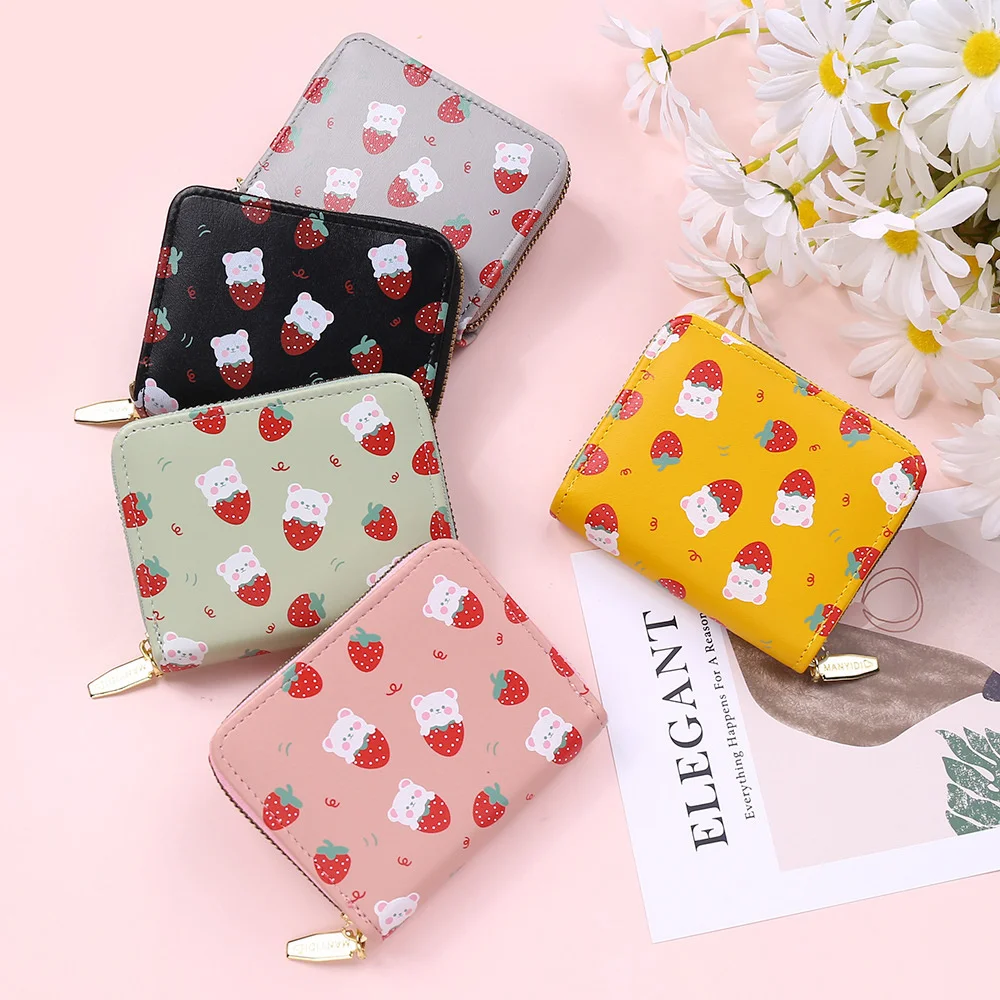 

New Korean Women'S Wallet Cute Cartoon Printing Wallet Small Zipper Girl Pu Leather Coin Purse Strawberry Bear Card Holder