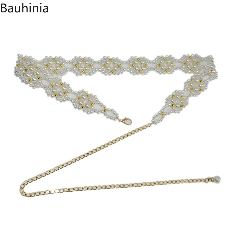 

Bauhinia Newest Simple Design 115*3cm Chain Belt Summer Dress Pearl + Metal Fashion Woman's Thin Belt