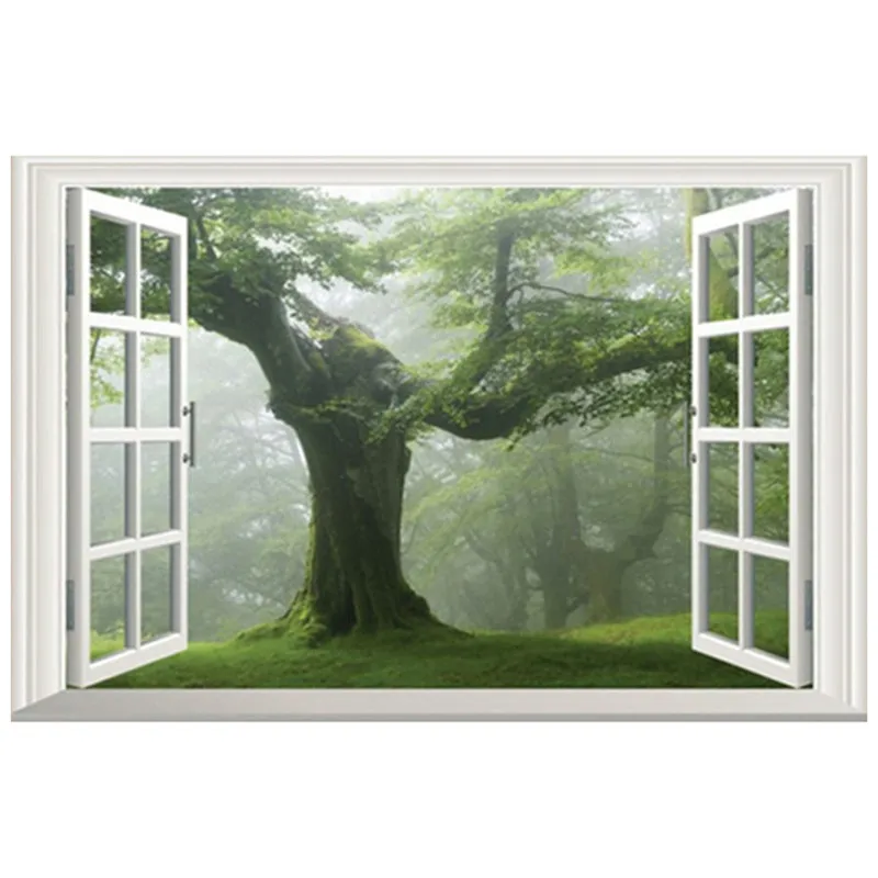 

Idyllic scenery mural big green Trees vinyl wall stickers home club decoration 3d fake window Spring landscape wallpaper 60*40cm