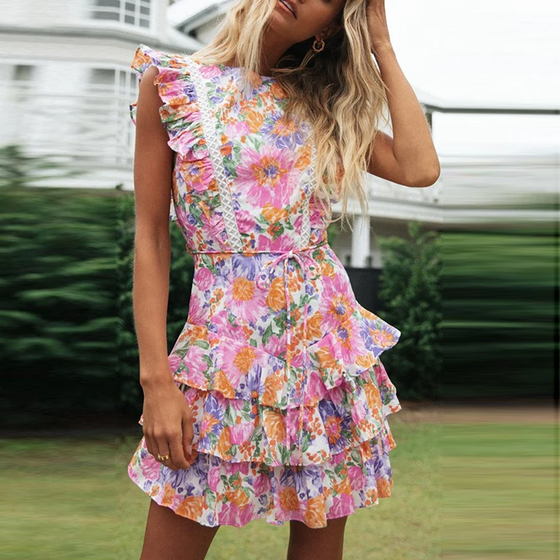 

Mini Cake Dress Women Summer Backless Flower Print Cascading Ruffle Sleeveless Bohemian Dresses Fashion Casual Ladies Vestidos