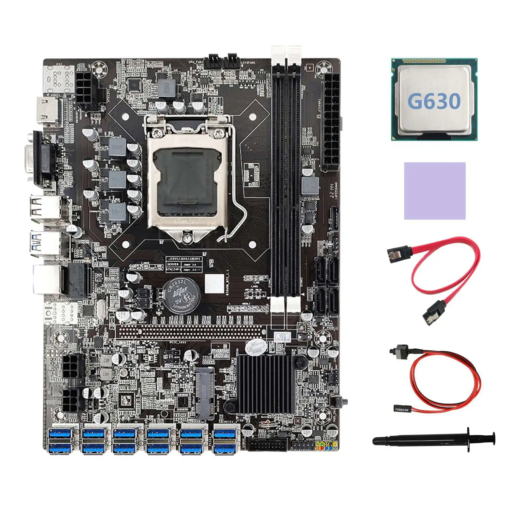 B75 ETH Miner Motherboard 12 PCIE to USB3.0+G630 CPU+Thermal Grease+Thermal Pad+SATA Cable+Switch Cable Motherboard