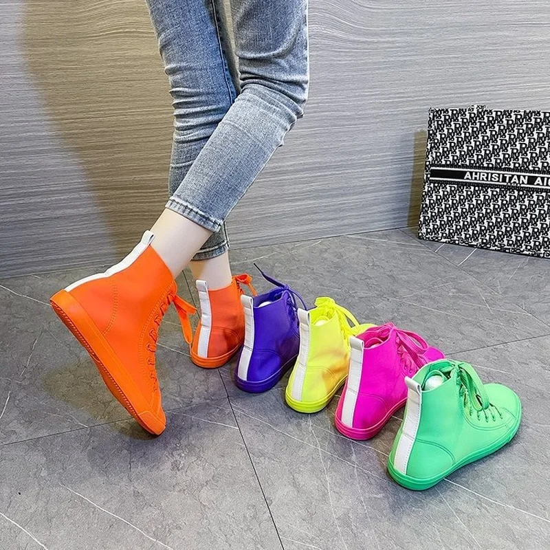 

Color Microfiber Leather High-top Sneakers Women Casual Running Leather Boots Women's Soft Leather Sneakers Single Shoes Ladies