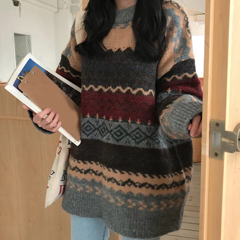 

Women Vintage Patchwork Knitted Pullover Sweater O-Neck Long Sleeve Striped Ladies Jumpers Loose Casual 2021 Female Preppy Style