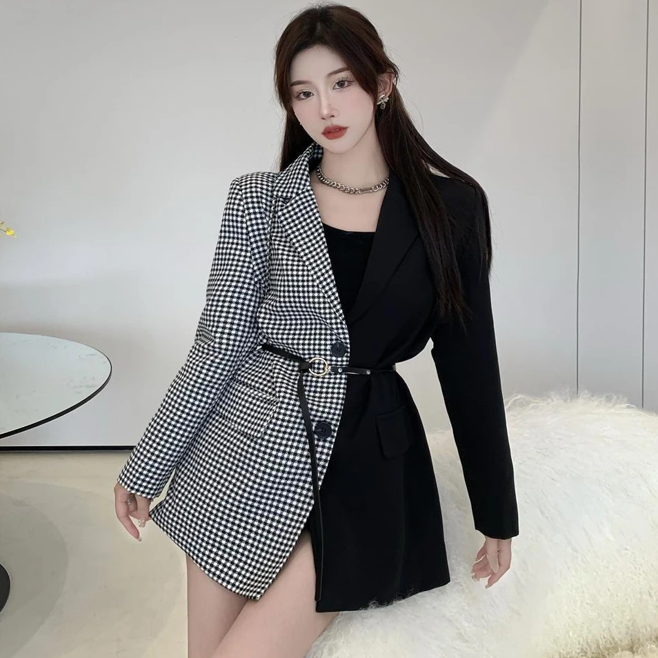 

Women Woman Houndstooth Suits Jacket Summer Loose Blazers Turn Down Collar Long-sleeved Cardigan Belted Long Crop Tops Chaqueta