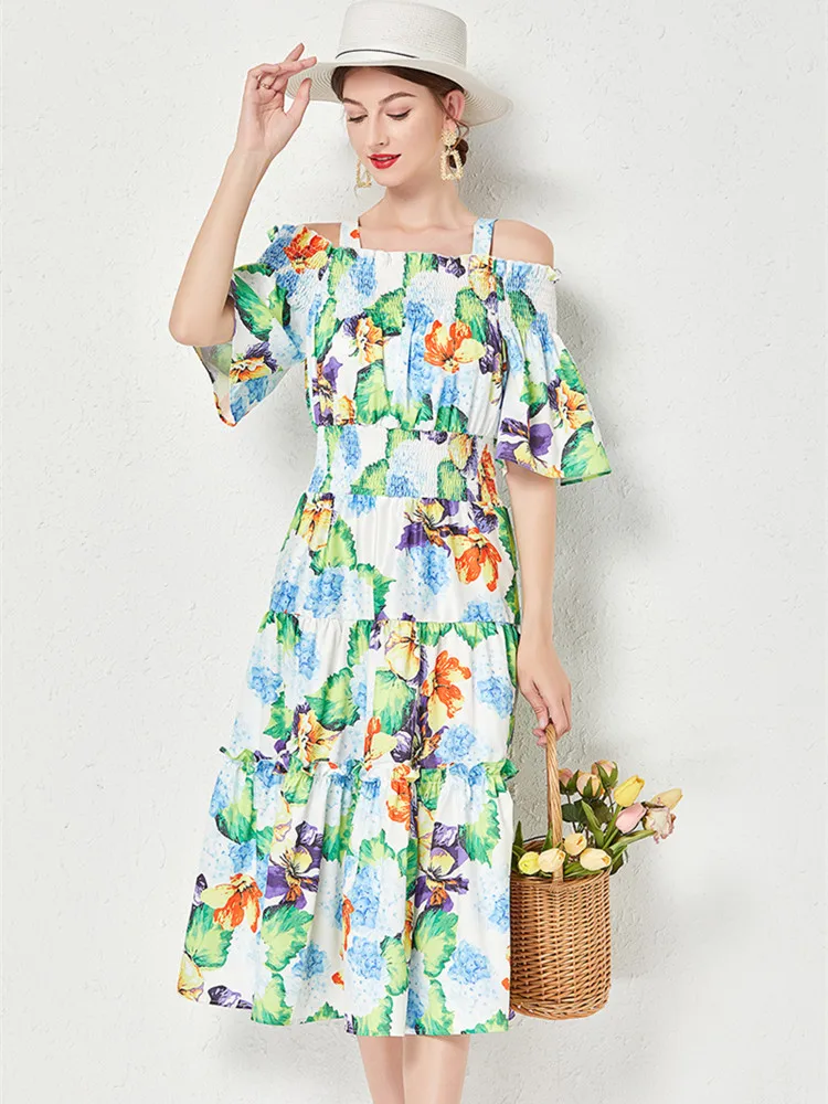 

Summer Runway Boho Spaghetti Strap Dress Women's Slash Neck Strapless Green Floral Print Elastic Waist Holiday Dress