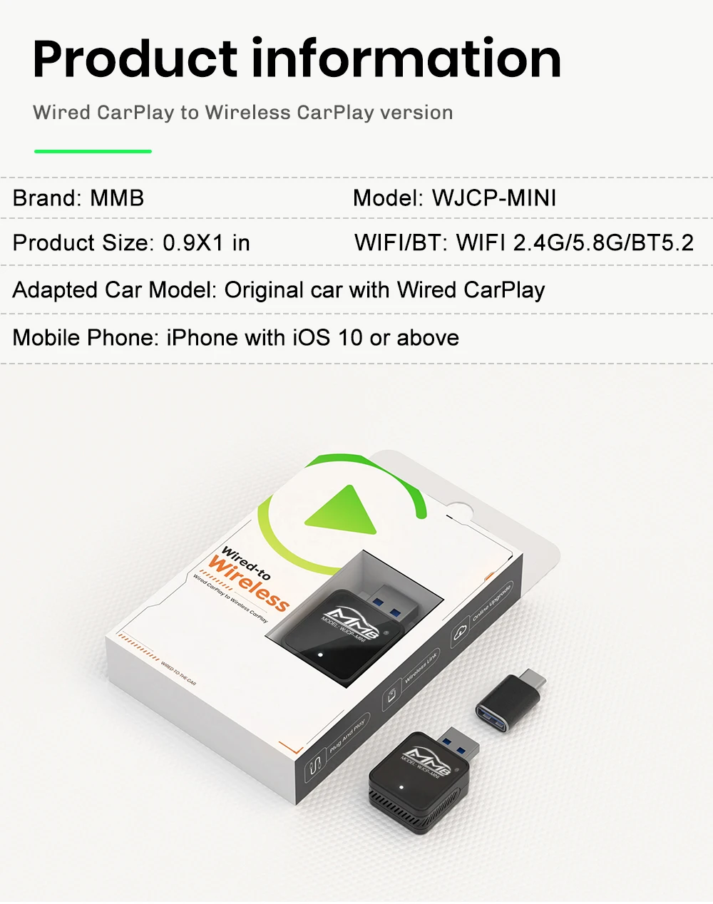 

MMB Mini Wireless Apple CarPlay Adapter Andriod Auto Wireless Adapter Plug and Play BT 5.2 для автомобильного радио с проводным OEM CarPlay