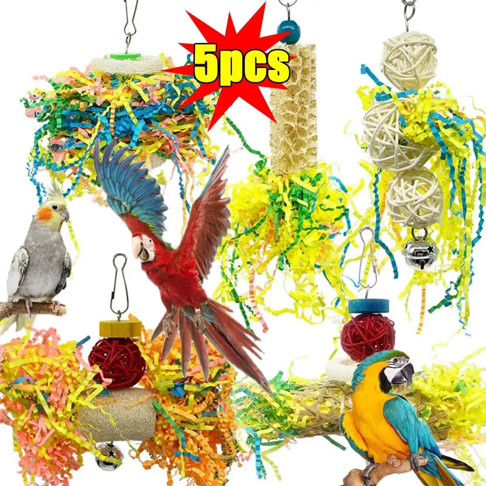 

5pcs Wooden Rattan Parrot Shredding Toys Hanging Chewing Toys Relieve Boredom Bird Supplies For Parrots/Birds