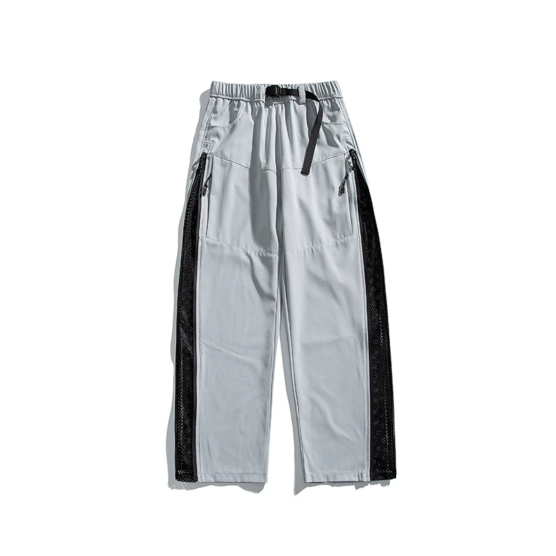 Фото Мужские спортивные брюки Techwear с эластичным поясом, карманами на молнии, боковой полосой, повседневные, в стиле стритвир, с черной отделкой. №2