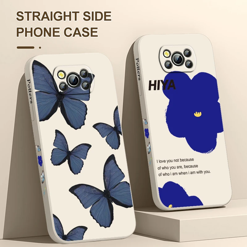 

Blue Beautiful Butterfly Xiaomi Poco Phone Case For X4 X3 F4 F3 NFC M5 M4 M3 GT S Pro 4G 5G Liquid Left Rope Cover
