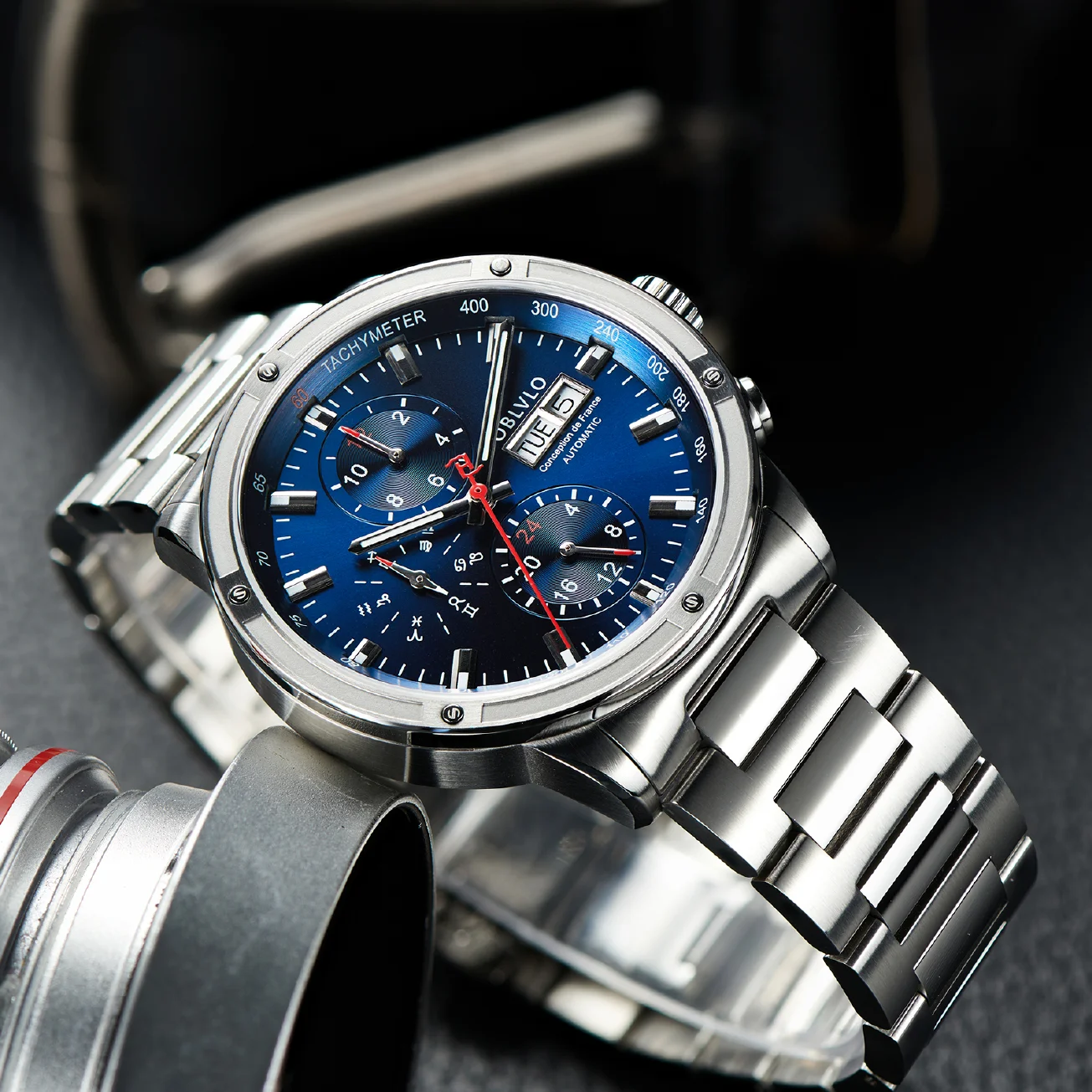 

OBLVLO Brand Men Dress Automatic Watch Mechanical Stainless Steel Strap Sapphire Year Month Week Calendar 24-Hour Display CM2