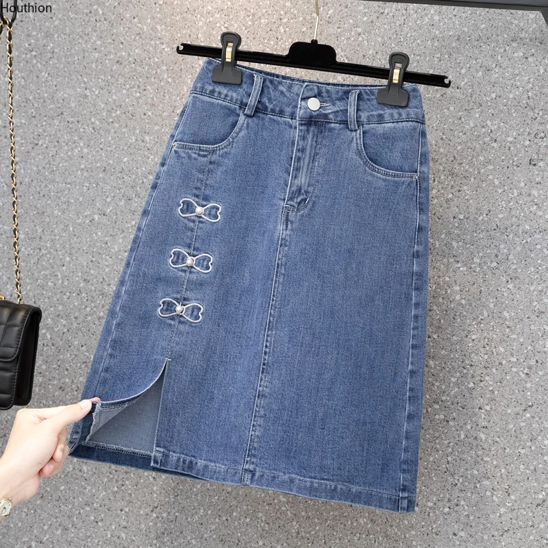 

Houthion Women's Denim Skirt Summer Mid Waist Fashion Casual The New Cowboy Split Fork Pocket