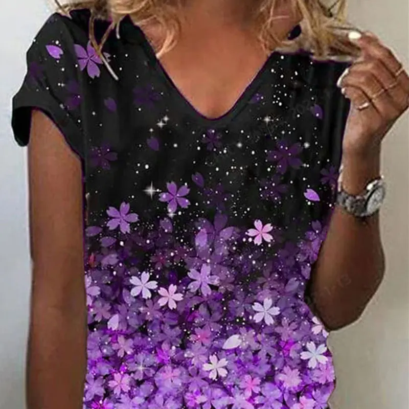 

Women's T-shirt Casual Summer Clothes For Women Flower Pringting Tops V Neck Summer Petal Sleeve T-shirts Ropa Mujer Y2k