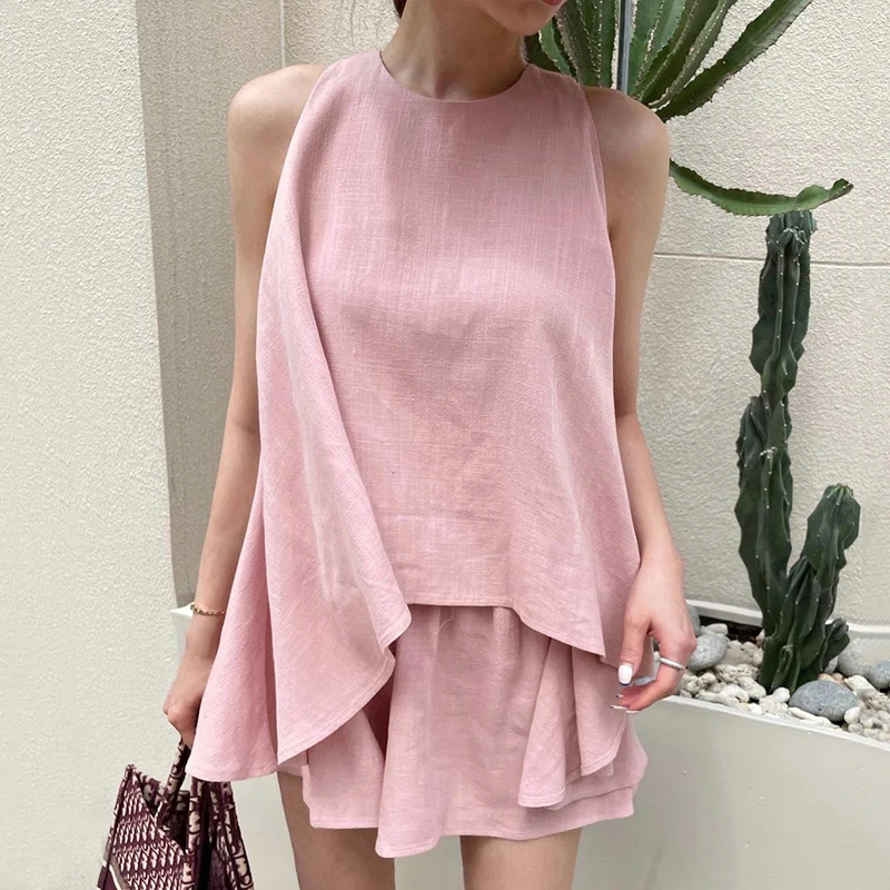 

Clothland Women Retro Shirt Shorts Set Irregular Sleeveless Blouse Mini Shorts Basic Summer Chic Two Piece Suits TZ328