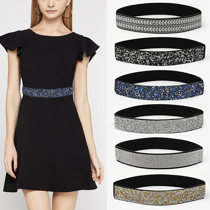 

Shiny Rhinestone Inlay Waist Belt Crystal Waistband Metal Button Female Dresses Coat Shirt Belts For Women Elastic Dress Corset