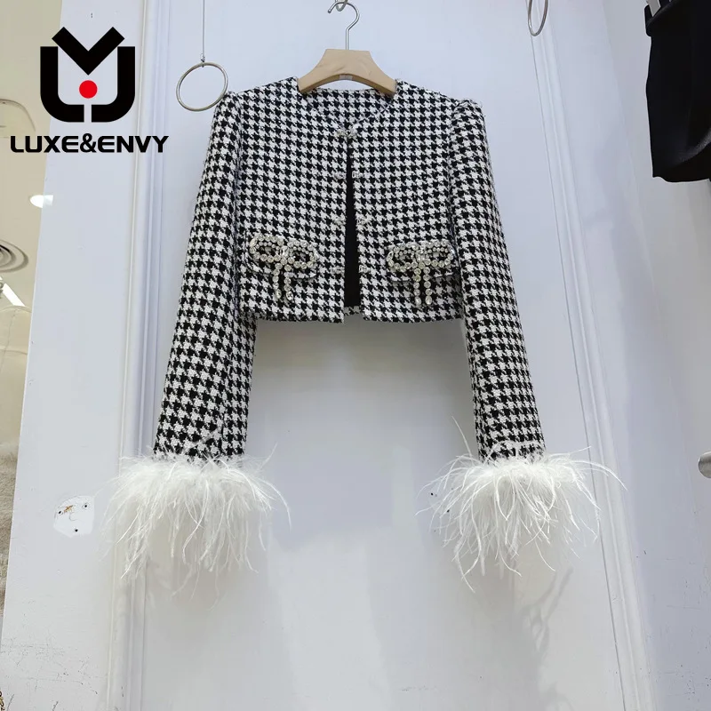 

Роскошное & ENVY Новое маленькое очаровательное твидовое пальто из страусиных волос, толстое клетчатое пальто с бантом в виде тысячи птиц, осень 2023