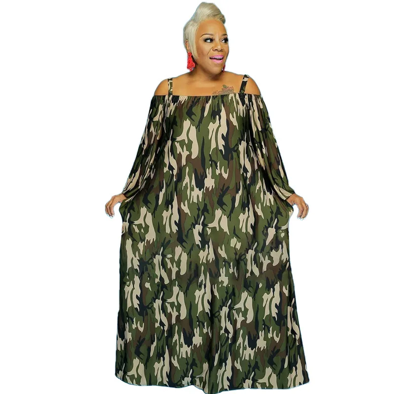 Plus Size Women's Dress Dot Camouflage Print Strap Off Shoulder Loose Casual Temperament Commuter Autumn and Winter 2022 New