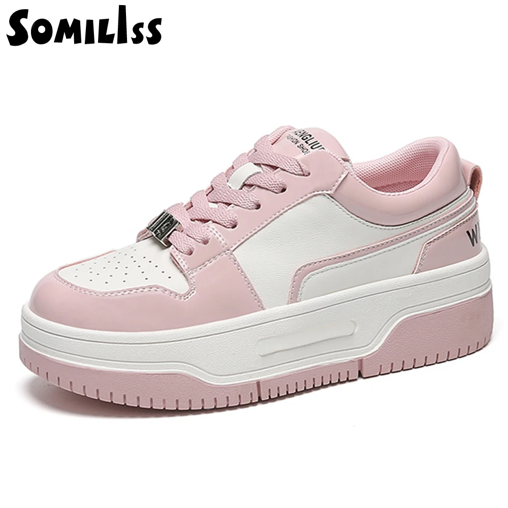SOMILISS Women Sneakers Genuine Leather Causal Shoes Round Toe Cross Tied Platform Sole Ladies Spring Chunky Sneaker Handmade