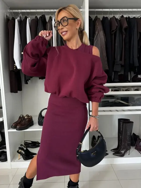 Новое платье со свитшотом комплекты из двух предметов женская мода однотонный