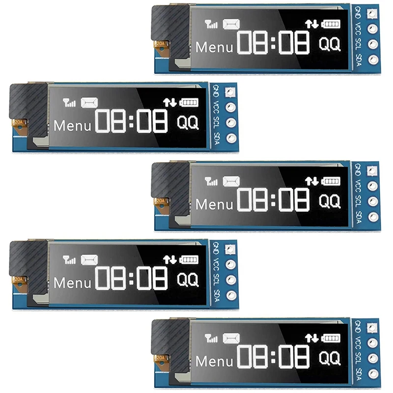 

5 шт., модуль дисплея I2C 0,91 дюйма, модуль дисплея I2C SSD1306 OLED, синий драйвер OLED-экрана I2C, постоянный ток 3,3 в-5 в (белый)