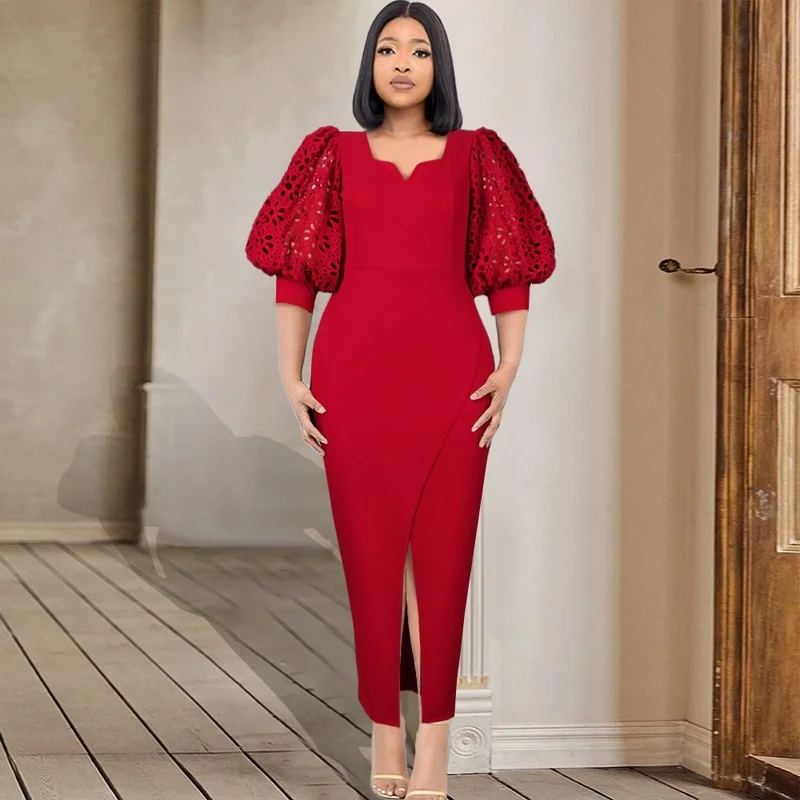 

Women Long Dress Short Lantern Sleeves Patchwork Hollow Out Elegant Party Slit Sheath Celebrate Occasion Event Prom Homecoming