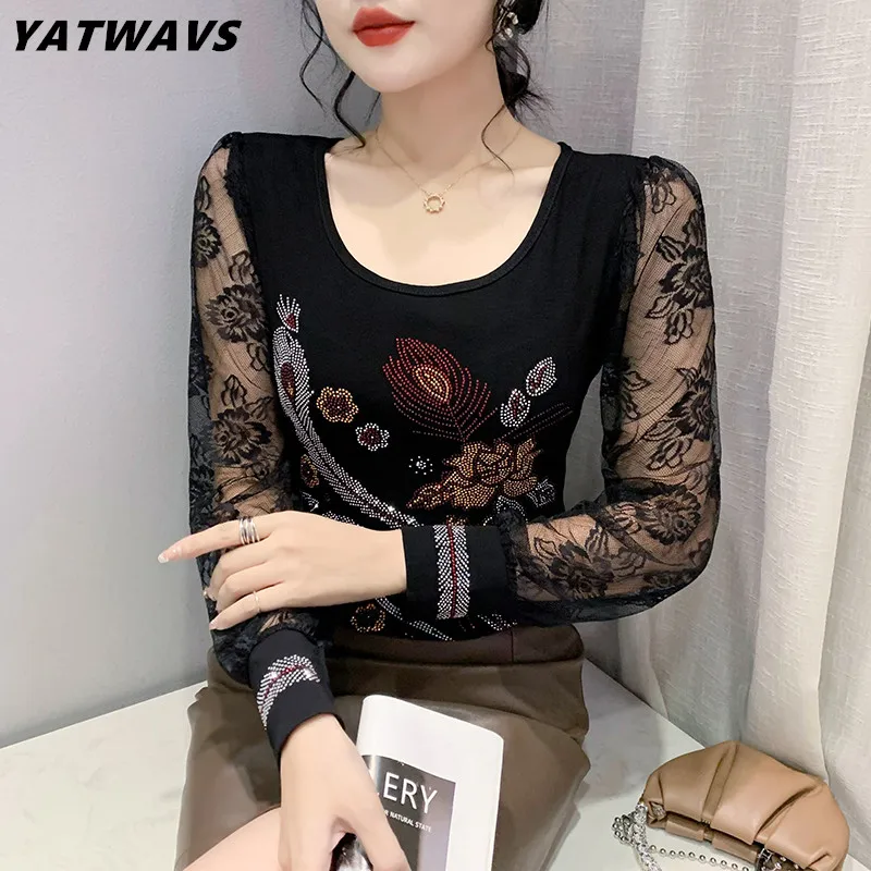 

New 2023 Autumn Winter Women's T-Shirt Fashion Casual O-Neck Lace Long Sleeved Top Female Flower Hot Diamonds Tees Clothes M-3XL
