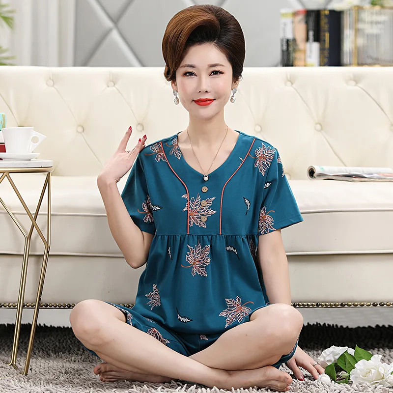 Women's Pajamas Sets Cotton Pyjamas Floral Pijamas Loungewear Short Sleeve and Pants Suit Sleepwear Nightwear Women Homewear