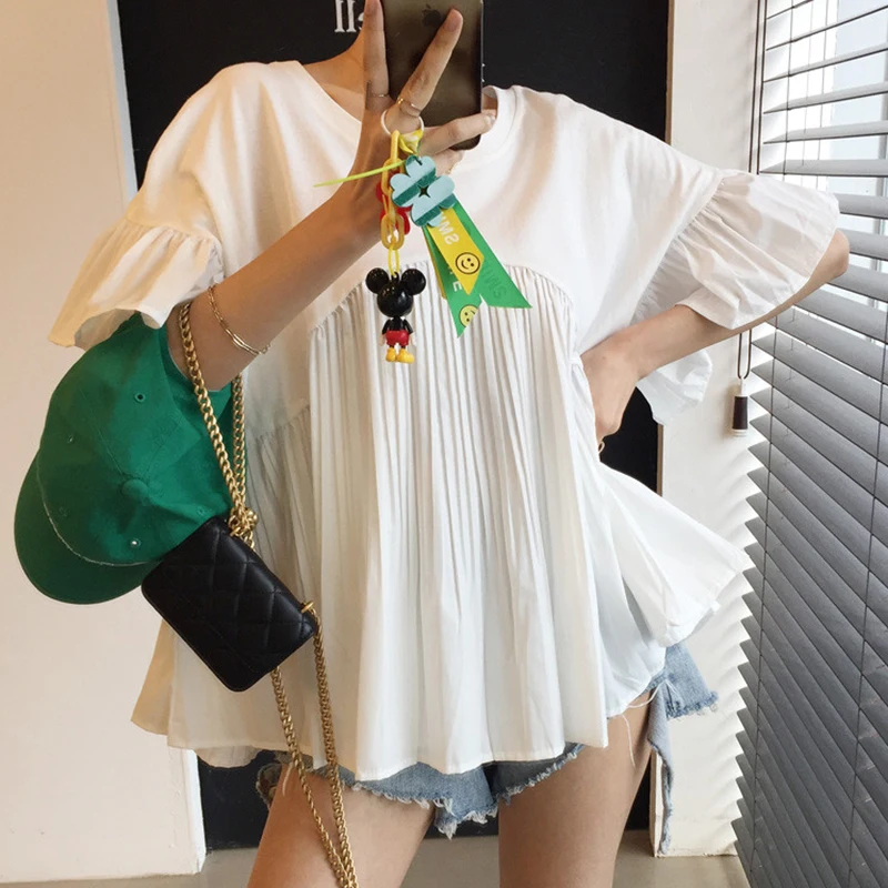 

Clothland Women Elegant Pleated Blouse Loose Style Short Sleeve White Black Shirt Summer Casual Tops Blusa DA501