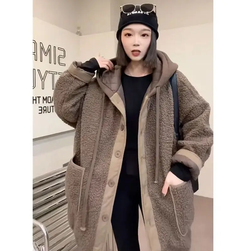 Winter New Splice Lamb Wool Jacket Hooded Coat Warm Oversize Windbreaker Loose Winter Clothes 2022 Fashion Coats