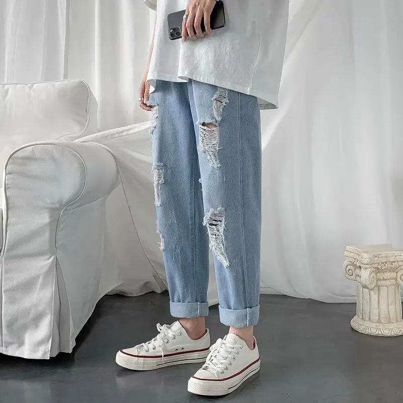 2022 Preppy Style Hole Ripped Hip Hop Men Drawstring Jeans Trousers Elastic Waist Students Daily Casual Denim Pants Moda Hombre
