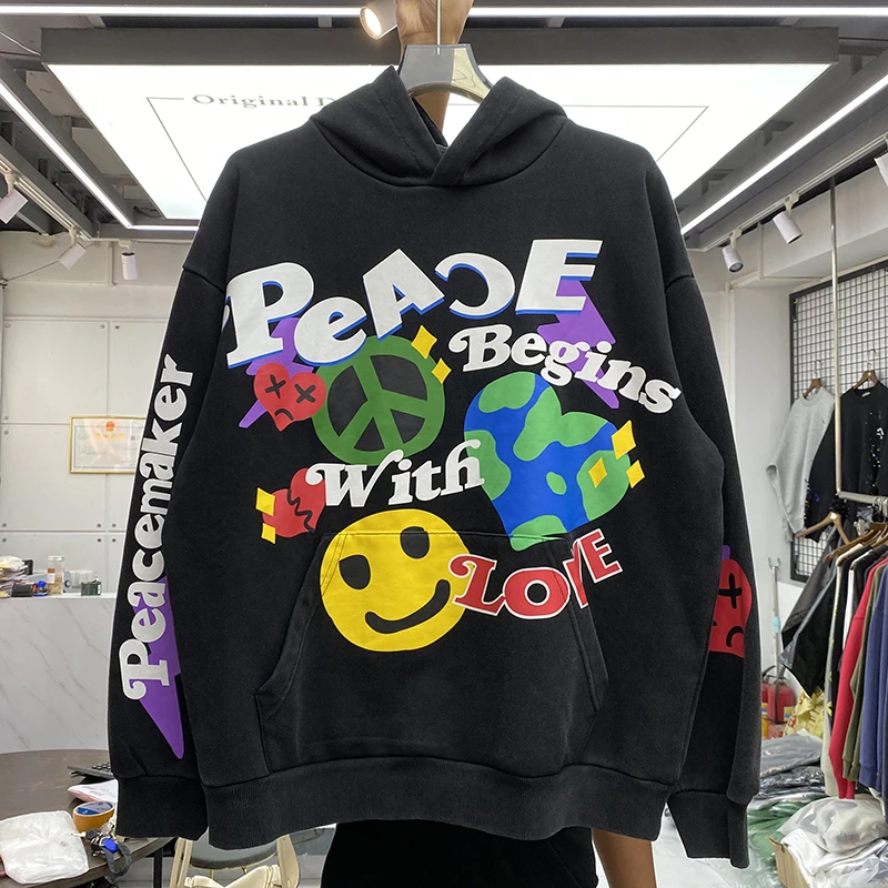 

2022 Hip Hop Graffiti smiley Face Earth Heart Print High Quality Fleece Casual Hooded Pullover