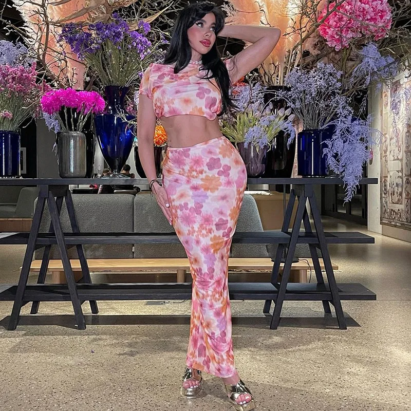 

2023 Fashion Flower Printed Sexy Navel Choli Bust Skirt Suits Female Summer Swimwear Women Maxi Dress Ladies Beach Swim Cover Up